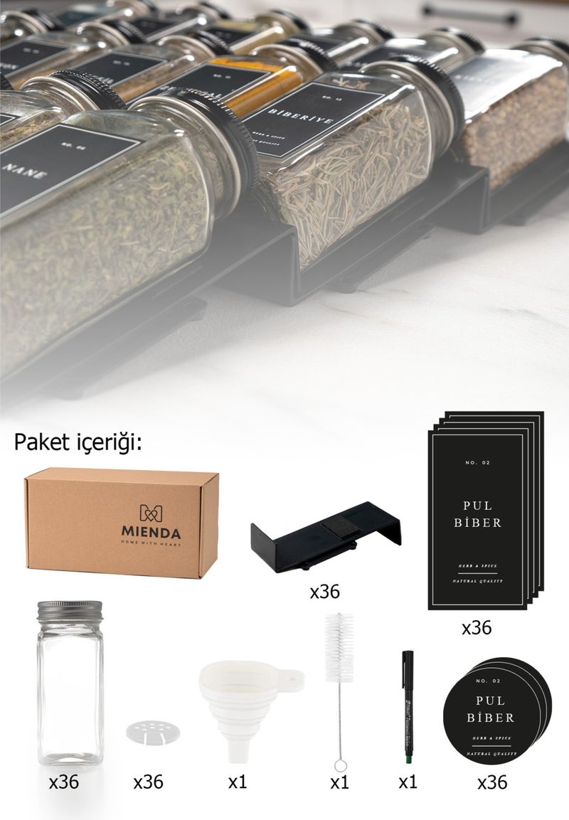 36 Piece Black Plexiglass Stand Glass Lid Spice Jar Set with Label Brush Funnel Pen Gift