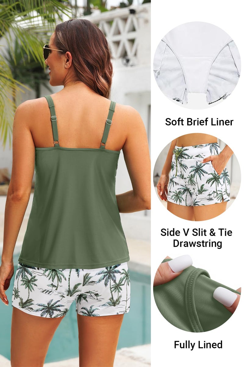 Tempt Me Green Leaves Two Piece Tankini Swimsuits for Women Tummy Control Bathing Suit with Shorts Athletic Swimwear XL - Image 3