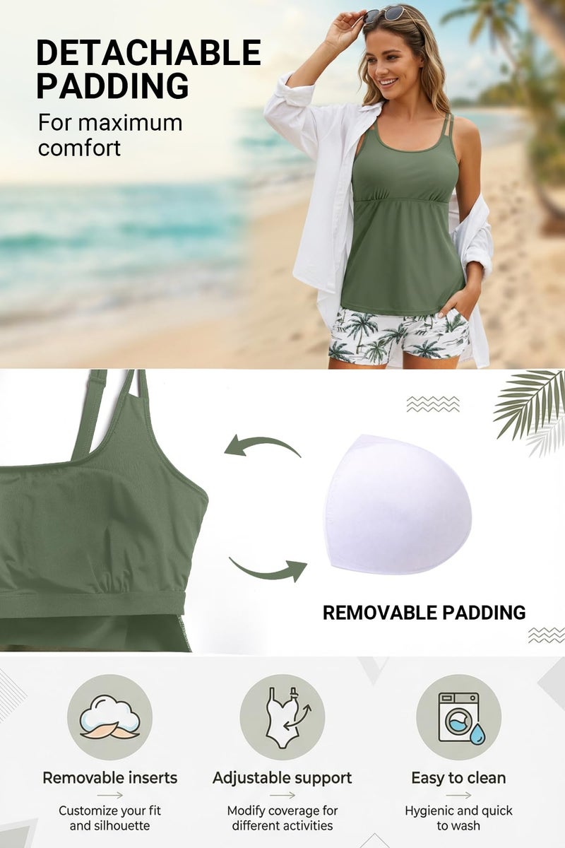 Tempt Me Green Leaves Two Piece Tankini Swimsuits for Women Tummy Control Bathing Suit with Shorts Athletic Swimwear XL - Image 2