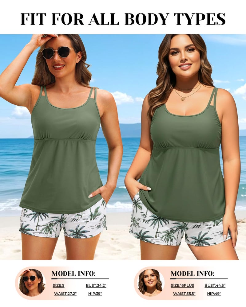 Tempt Me Green Leaves Two Piece Tankini Swimsuits for Women Tummy Control Bathing Suit with Shorts Athletic Swimwear XL - Image 4