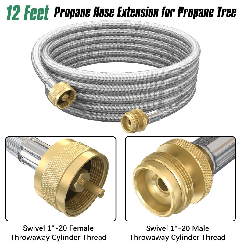 GardenNow Propane Brass 4 Port Tee Kit Propane Brass Tee Adapter Kit 5FT and 12FT Stainless Braided Hoses Allow for Connection Between Auxiliary Propane Cylinder and Propane Appliances for Tank RV Camping - Image 5