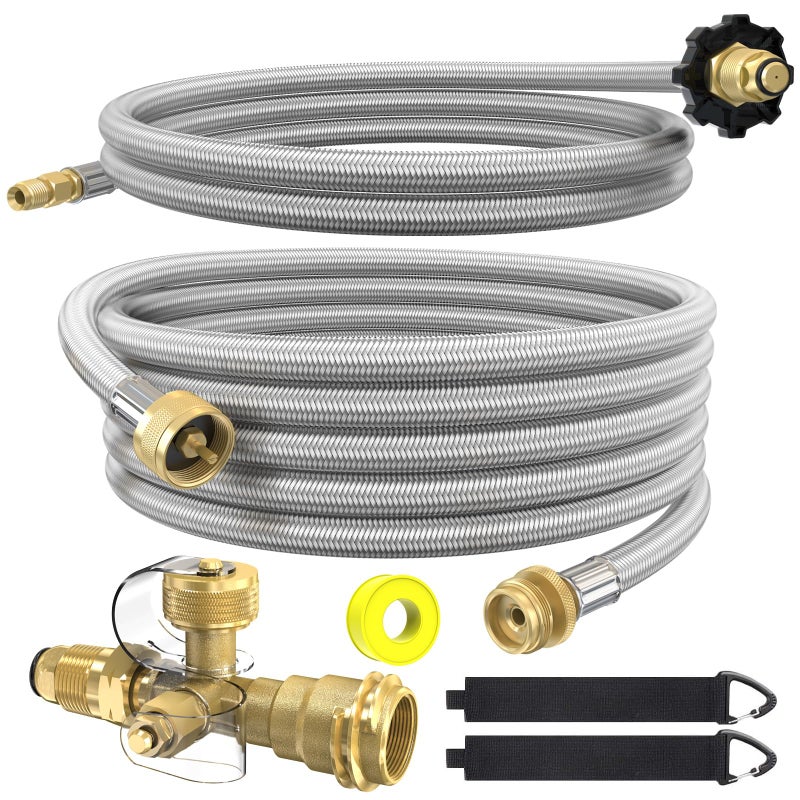 GardenNow Propane Brass 4 Port Tee Kit Propane Brass Tee Adapter Kit 5FT and 12FT Stainless Braided Hoses Allow for Connection Between Auxiliary Propane Cylinder and Propane Appliances for Tank RV Camping - Image 1