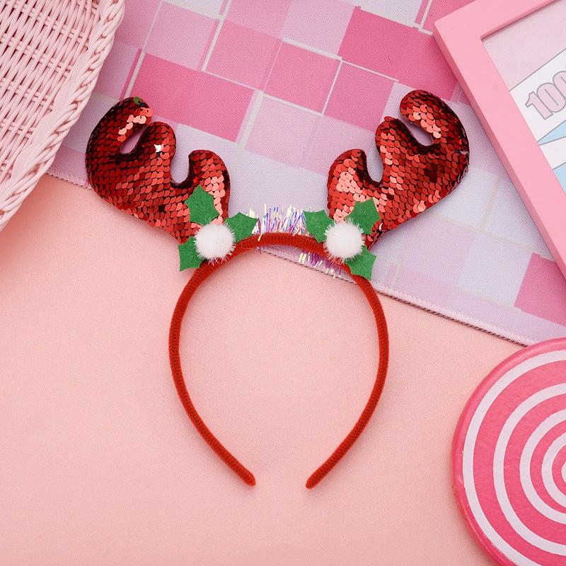 Loquat decoration headband girl  sequined antler headband Internet celebrity party non-slip hair pressing head accessories 2# red antlers