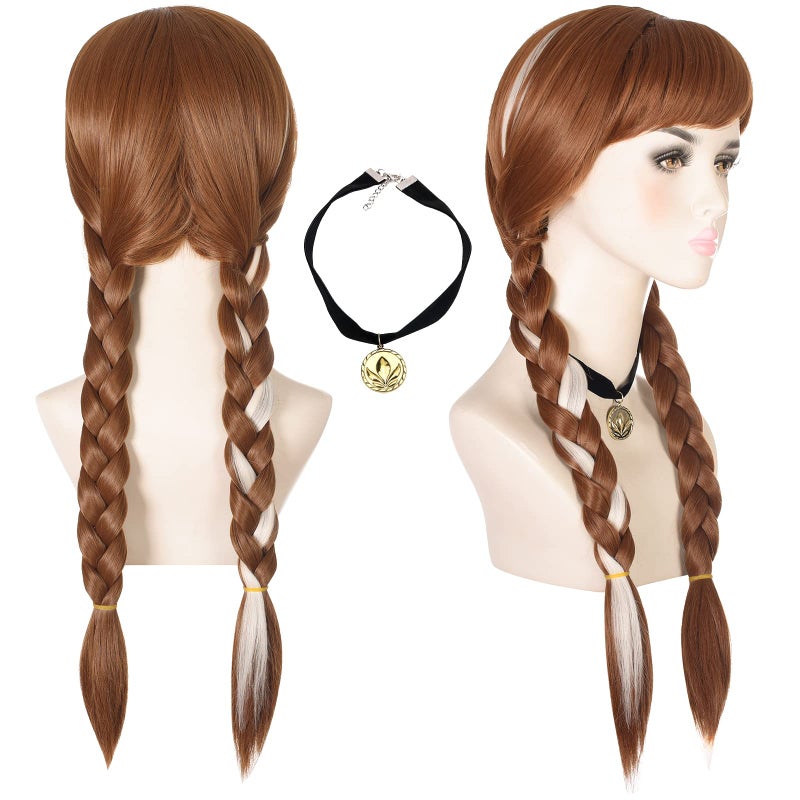 morvally Long Brown Braided Cosplay Wig for Women with Necklace Pigtails Synthetic Hair Wigs for Princess Costume Halloween Party Adult Size Adult