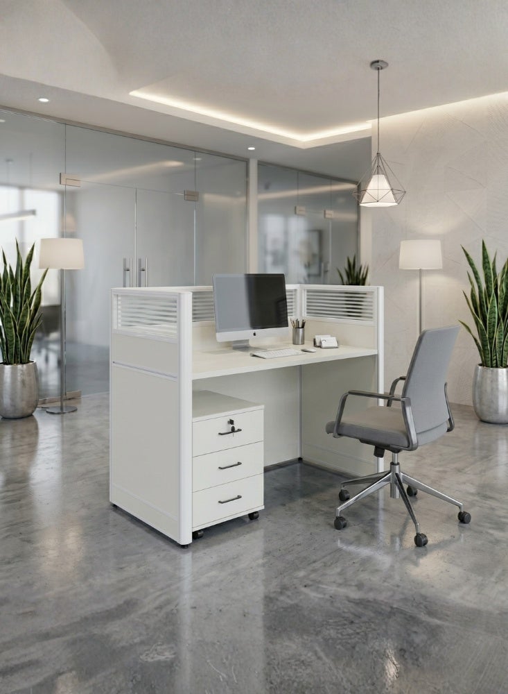 Karnak Neeya 1 Person Office Workstation Desk with Privacy Screen & Storage Drawers Computer Laptop Table for Home & Office (White) - Image 1