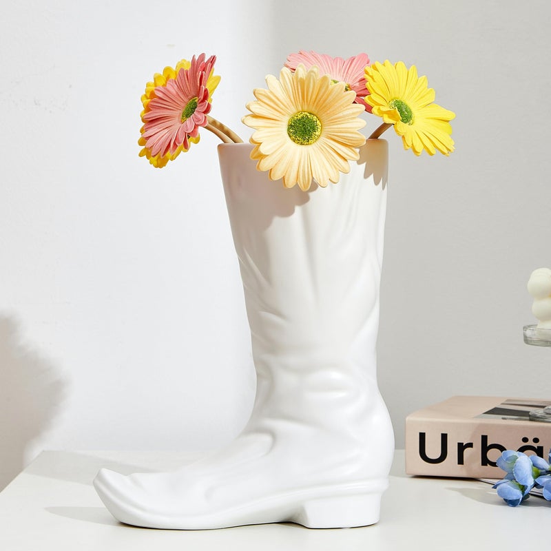 Denique White Boots Flower Vases Creative Cowboy Boot Vase Ceramic Flower Arrangements Unique Boot Vases Boot Planter Modern Aesthetic Room Wedding Decor