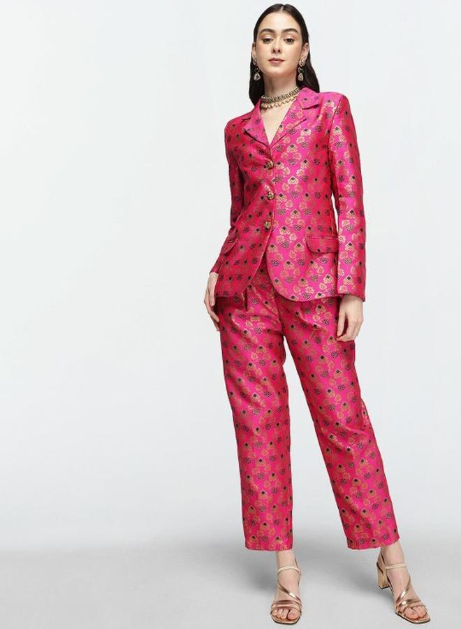 ISHIN Women's Pink Silk Blend Printed Button Down Top With Cropped Palazzo Straight Co-Ords - Image 1