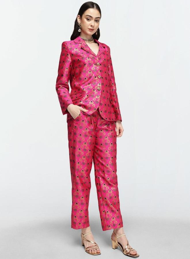 ISHIN Women's Pink Silk Blend Printed Button Down Top With Cropped Palazzo Straight Co-Ords - Image 3