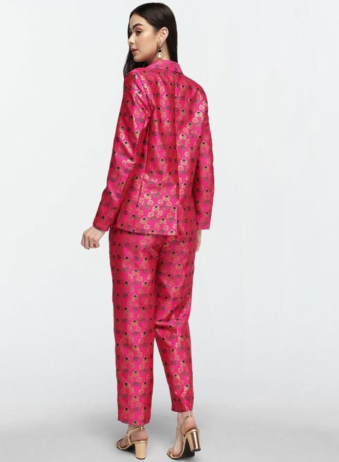 ISHIN Women's Pink Silk Blend Printed Button Down Top With Cropped Palazzo Straight Co-Ords - Image 5