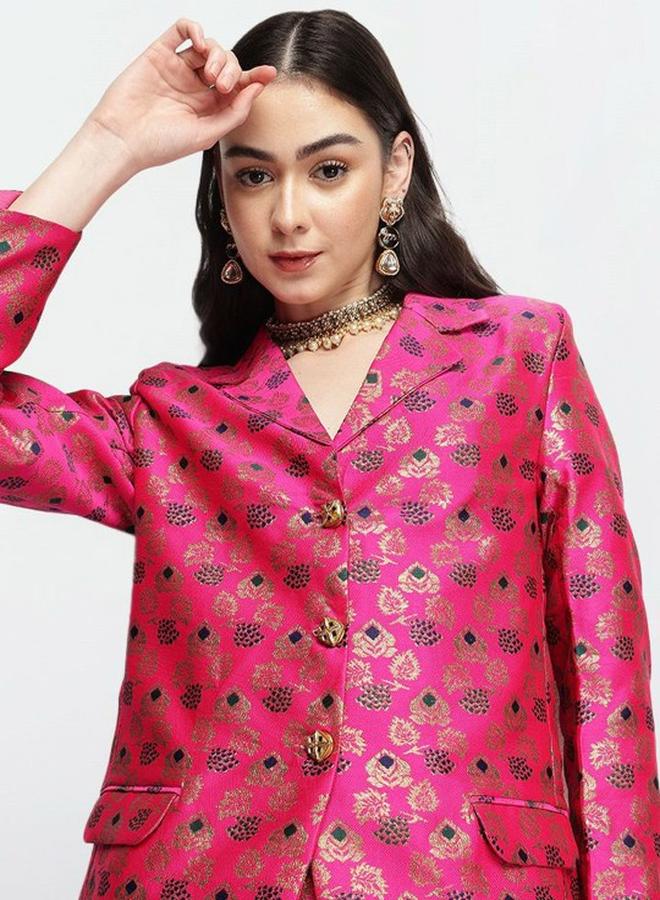 ISHIN Women's Pink Silk Blend Printed Button Down Top With Cropped Palazzo Straight Co-Ords - Image 2