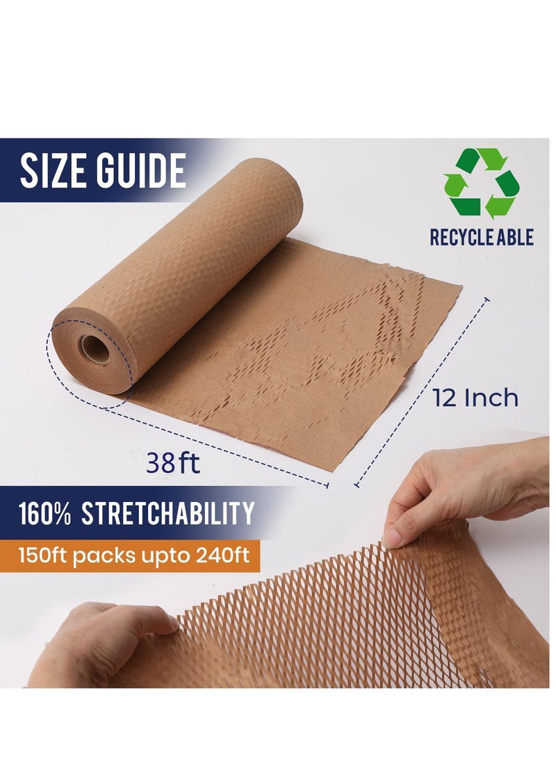 Generic - Packing Paper 12"x32.8' Honeycomb Cushioning Wrap Roll - Eco Friendly Kraft Packaging Moving Shipping Suppliers Brown with 12 Fragile Sticker Biodegradable & rope - Image 1
