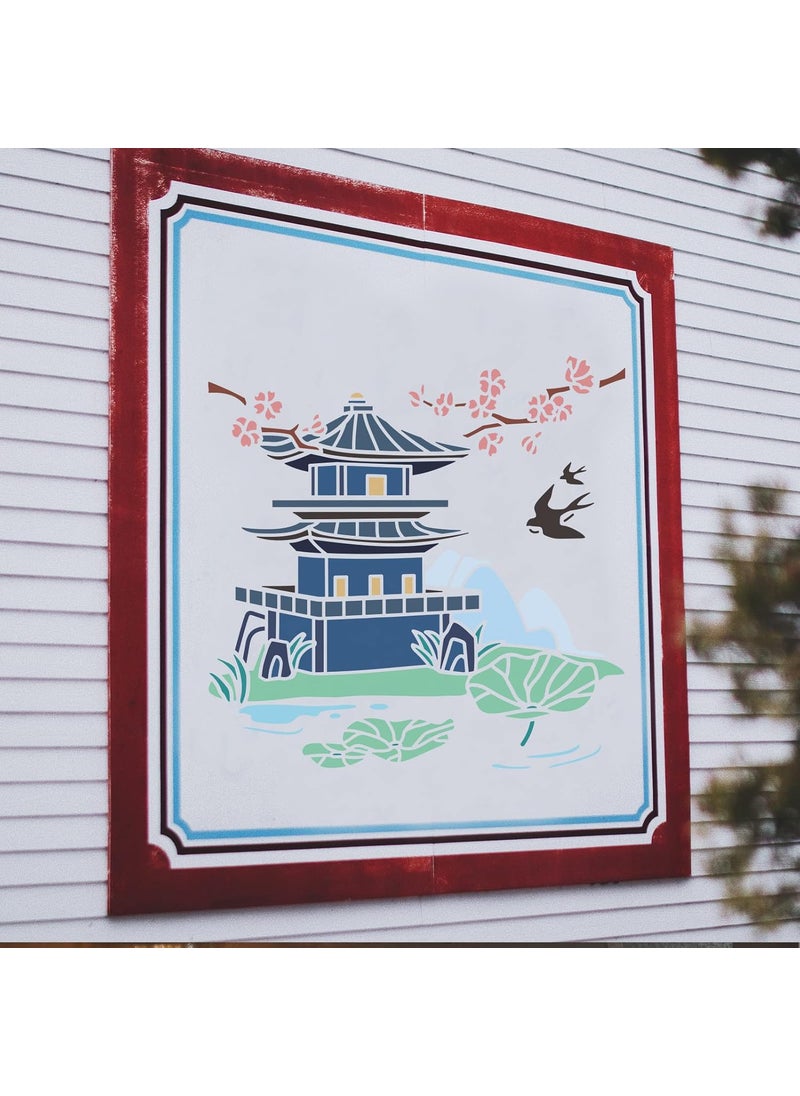 FINGERINSPIRE - FINGERINSPIRE Oriental Pagoda Stencil 11.8x11.8inch Ancient Tower Stencil Cutout Drawing Templates Architecture Cherry Blossoms Swallow Lotus Leaf Hills Branch Painting Stencil for Home Decoration - Image 1