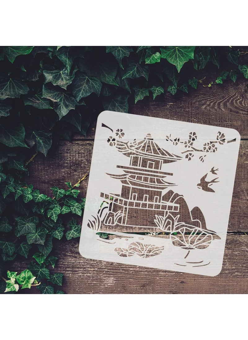 FINGERINSPIRE - FINGERINSPIRE Oriental Pagoda Stencil 11.8x11.8inch Ancient Tower Stencil Cutout Drawing Templates Architecture Cherry Blossoms Swallow Lotus Leaf Hills Branch Painting Stencil for Home Decoration - Image 1