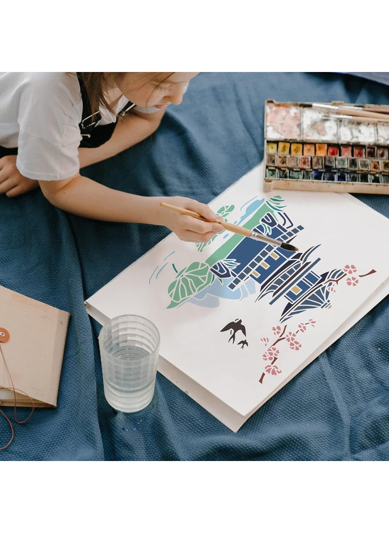 FINGERINSPIRE - FINGERINSPIRE Oriental Pagoda Stencil 11.8x11.8inch Ancient Tower Stencil Cutout Drawing Templates Architecture Cherry Blossoms Swallow Lotus Leaf Hills Branch Painting Stencil for Home Decoration - Image 1