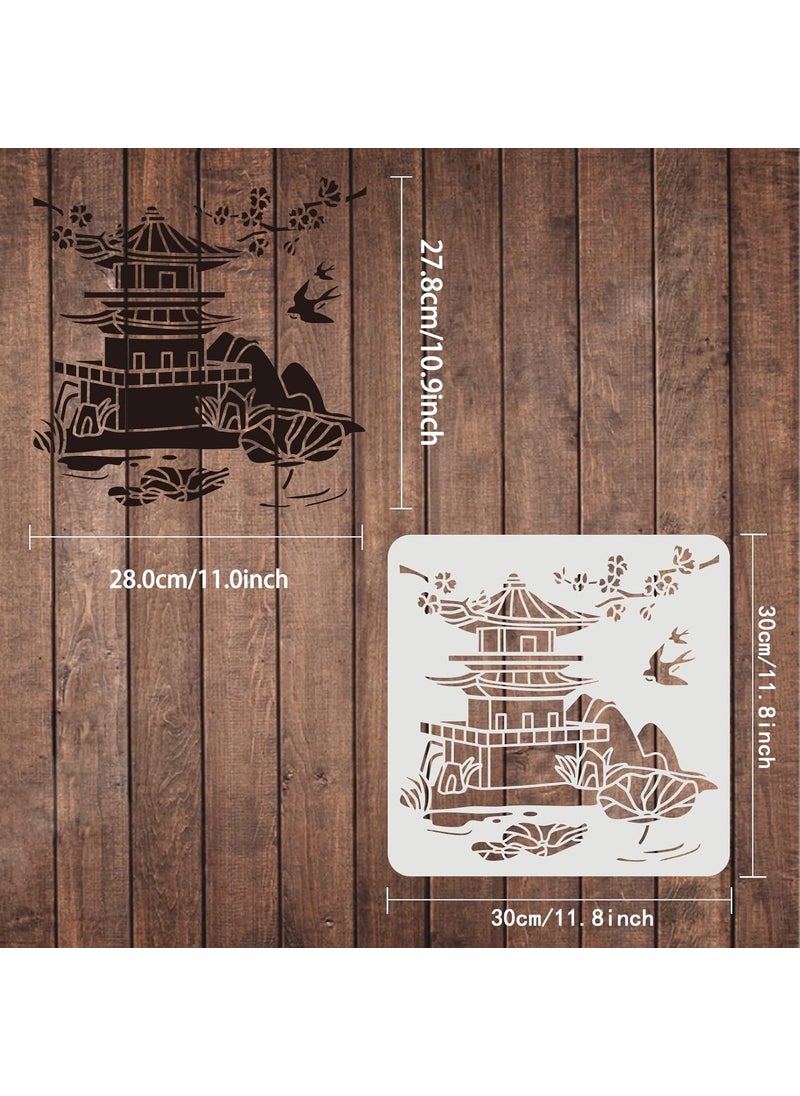 FINGERINSPIRE - FINGERINSPIRE Oriental Pagoda Stencil 11.8x11.8inch Ancient Tower Stencil Cutout Drawing Templates Architecture Cherry Blossoms Swallow Lotus Leaf Hills Branch Painting Stencil for Home Decoration - Image 1