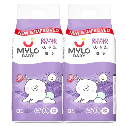 Mylo Baby Diaper Pants Large (L) Size 9-14 kgs (64 count) Leak Proof | Lightweight | Rash Free | Upto 12 Hours Protection | ADL Technology | with Aloe Vera Lotion (32 Count, Pack of 2) - Image 1