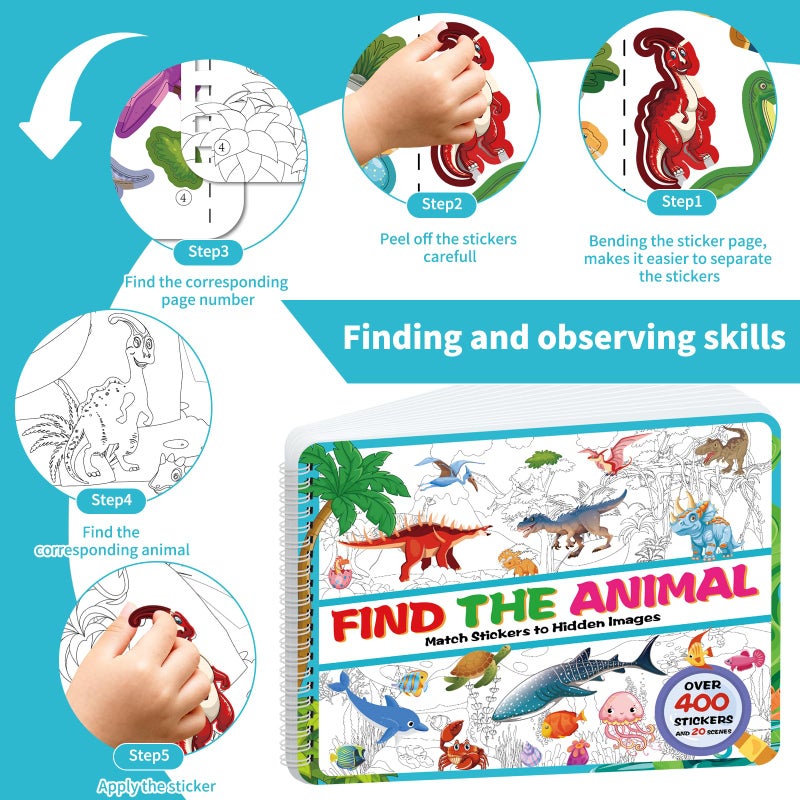 Kalysky Find The Animal Sticker Book For Kids  Dinosaur And Ocean Sticker Activity Book For Kids Ages 2-4 3-5  Toddlers Travel Road Trip Activities Car Games - Image 4