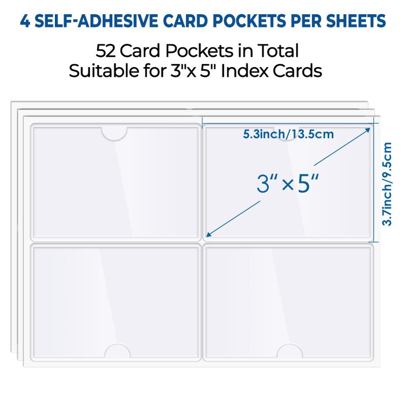 MaxGear ماكس جير 52 حزمة جيوب بطاقات الفهرس مع فتح من الأعلى، جيوب لاصقة، حامل بطاقات بلاستيكي لبطاقات الملاحظات وبطاقات المكتبة، جيب لاصق شفاف لبطاقة فهرس بحجم 3" × 5"، حوامل بطاقات - Image 2