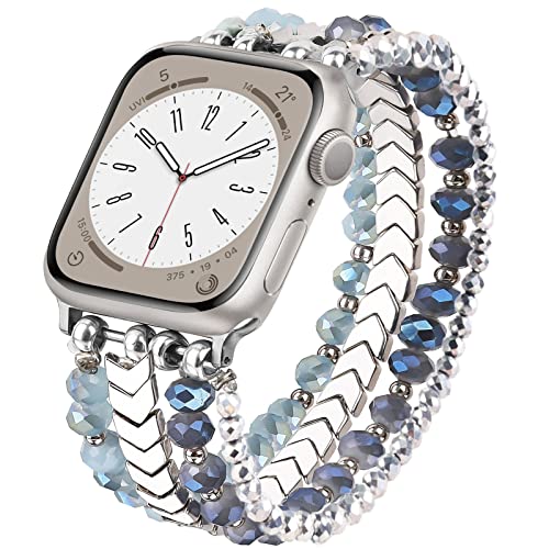 MOFREE Beaded Bracelet Compatible with Apple Watch Band 38mm/40mm/41mm/42mm, Fashion Elastic Stretch Women Bands for iWatch Series 11/10/9/8/7/SE/6/5/4/3/2/1 iPhone Watch Strap Bands (Blue/Silver) - Image 1