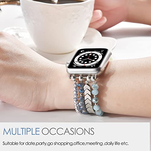 MOFREE Beaded Bracelet Compatible with Apple Watch Band 38mm/40mm/41mm/42mm, Fashion Elastic Stretch Women Bands for iWatch Series 11/10/9/8/7/SE/6/5/4/3/2/1 iPhone Watch Strap Bands (Blue/Silver) - Image 4