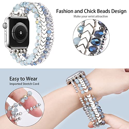 MOFREE Beaded Bracelet Compatible with Apple Watch Band 38mm/40mm/41mm/42mm, Fashion Elastic Stretch Women Bands for iWatch Series 11/10/9/8/7/SE/6/5/4/3/2/1 iPhone Watch Strap Bands (Blue/Silver) - Image 3