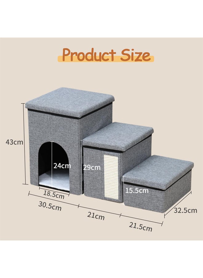 Dog Stairs with Pet House,3-Step Foldable Storage Indoor Dog Steps withScratcher for Puppy,Cats(Grey -House)