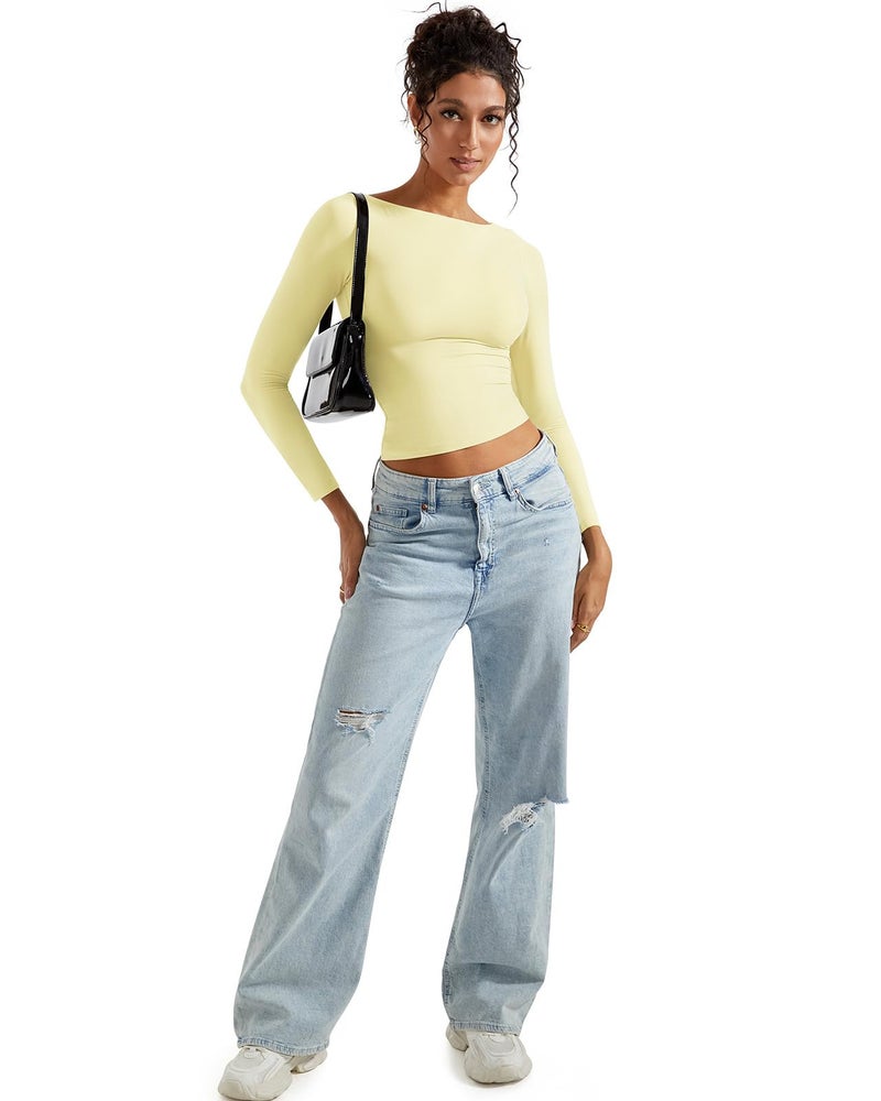 SUUKSESS Women Crew Neck Long Sleeve T Shirts Double Lined Tight Fitted Crop Top (Butter Yellow,M) - Image 5