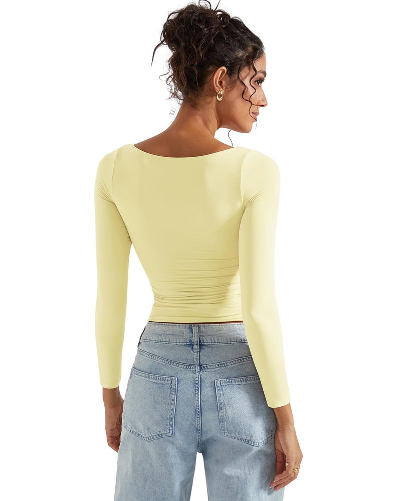 SUUKSESS Women Crew Neck Long Sleeve T Shirts Double Lined Tight Fitted Crop Top (Butter Yellow,M) - Image 4