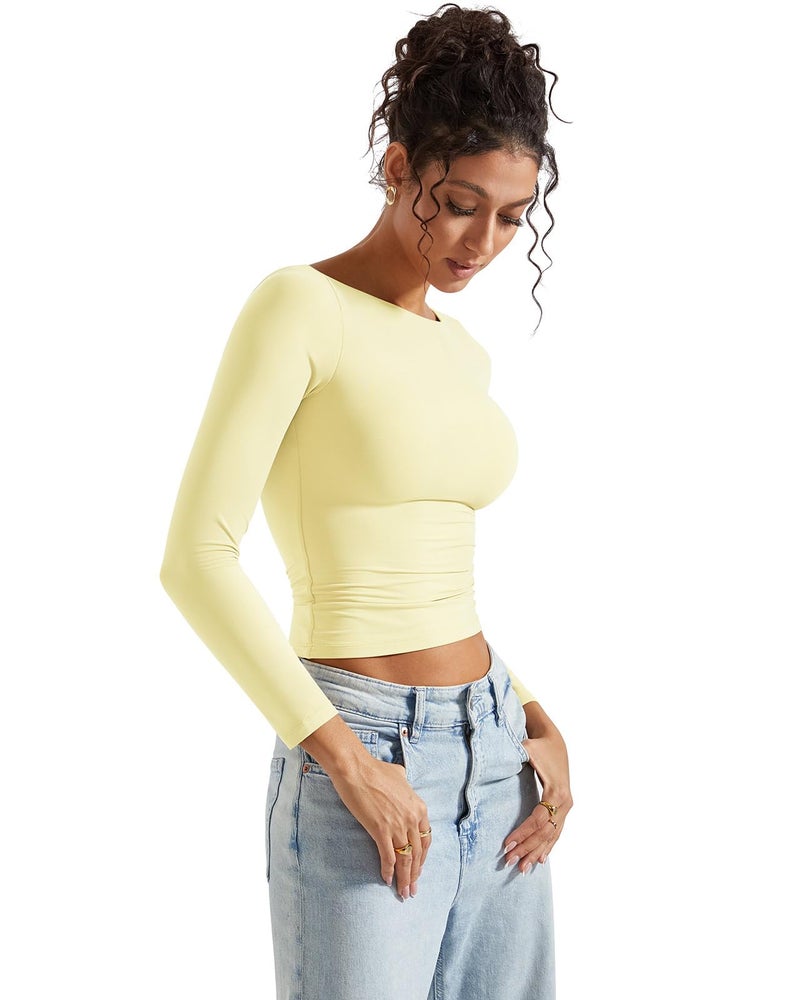 SUUKSESS Women Crew Neck Long Sleeve T Shirts Double Lined Tight Fitted Crop Top (Butter Yellow,M) - Image 3