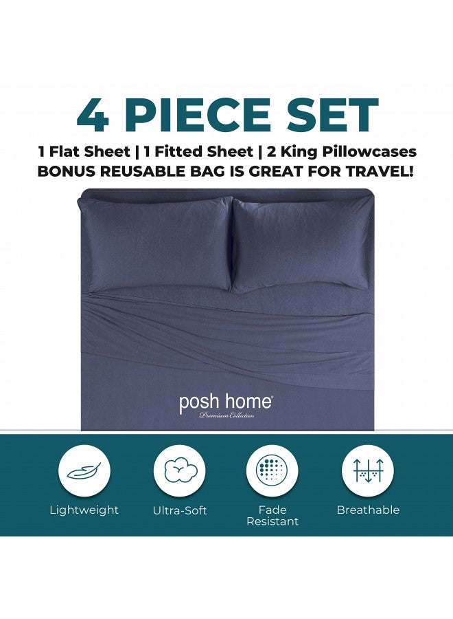 Posh Home Posh Home Jersey Knit Sheet Set 4-Piece Jersey Bed Sheets T-Shirt Breathable & Soft Cotton Jersey Sheets - Includes Flat Sheet, Jersey Fitted Sheet, & 2 Pillowcases - King Jersey Sheets, Ivory  - Image 2