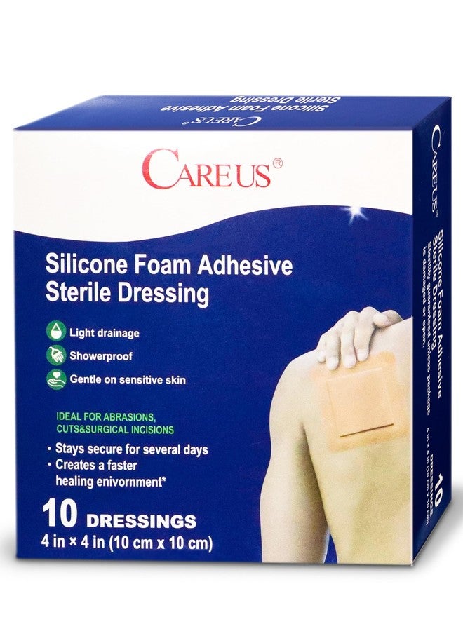 CAREUS ضمادات لاصقة من السيليكون والرغوة من Careus e ذات حواف ناعمة، 4 بوصات × 4 بوصات، عبوة من 10 ضمادات، ضمادات جروح رغوية عالية الامتصاص لقرح الفراش - Image 1