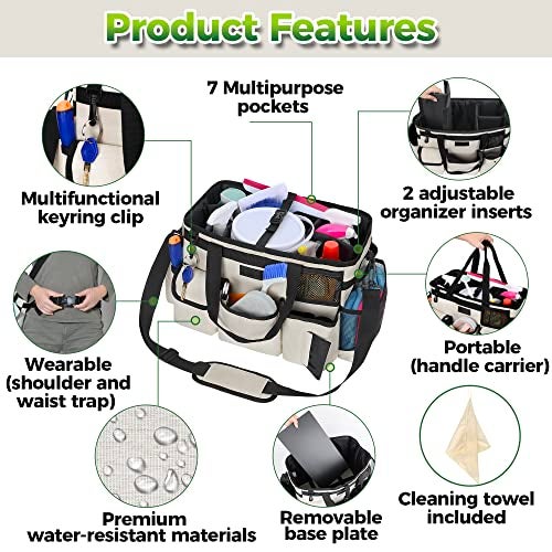 Storage Standard Cleaning Caddy Organizer with Handle - Large Caddy Bag for House & Bathroom Cleaning Supplies, 15 x 8 x 10.5 inches Cleaning Supply Caddy, Housekeeping Tote with Adjustable Strap - Beige - Image 3