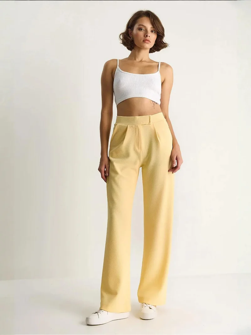 Bianco Lucci Lemon Yellow High Waist Wide Leg Pleated Trousers for Women | Best Price UAE