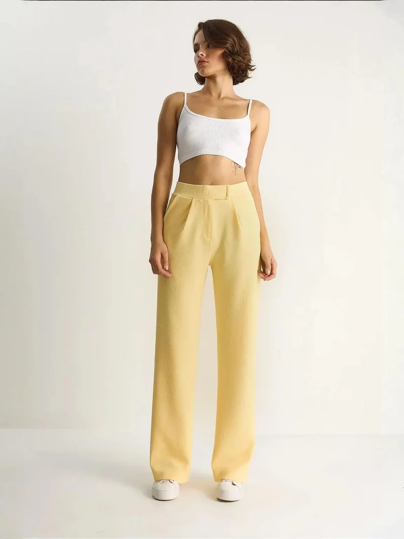 Bianco Lucci Lemon Yellow High Waist Wide Leg Pleated Trousers for Women | Best Price UAE