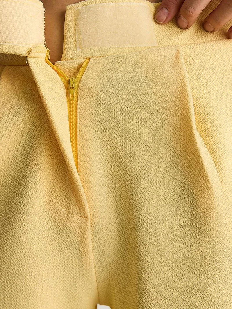 Bianco Lucci Lemon Yellow High Waist Wide Leg Pleated Trousers for Women | Best Price UAE