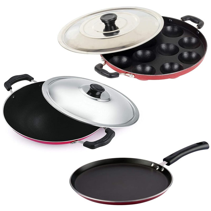 WHEEL CREW WHEEL CREW Non Stick Aluminum 12 Cavity Appam Patra with Lid Dosa Tawa Appachatti with Stainless Steel Lid Set of 3 - Image 1
