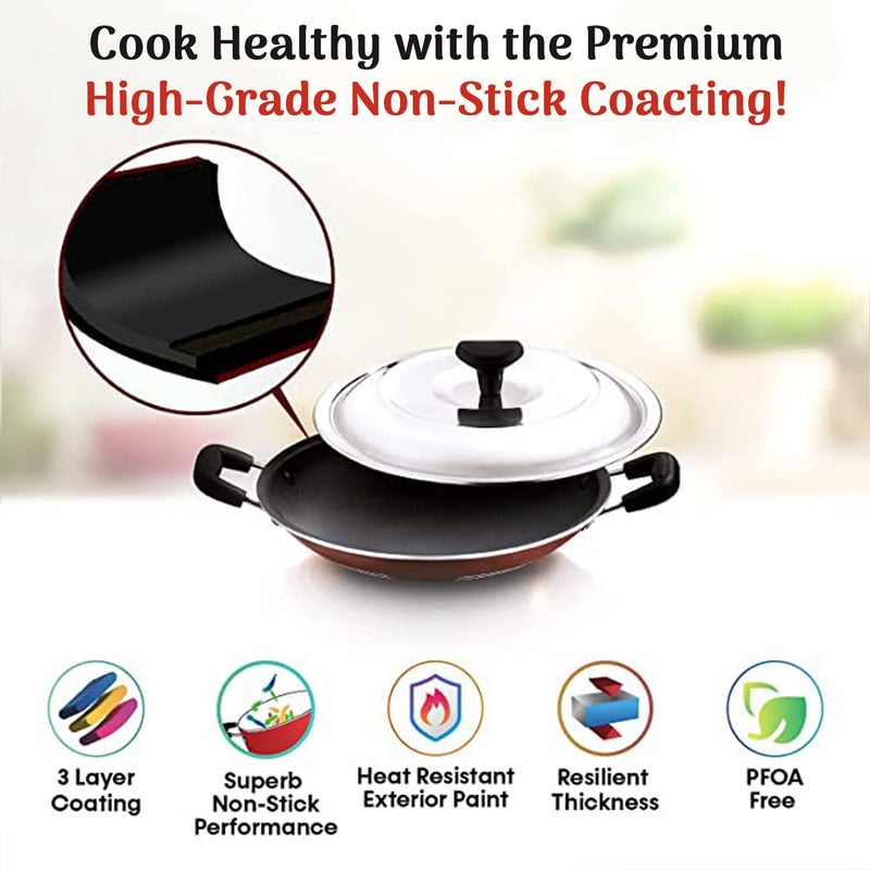 WHEEL CREW WHEEL CREW Non Stick Aluminum 12 Cavity Appam Patra with Lid Dosa Tawa Appachatti with Stainless Steel Lid Set of 3 - Image 3