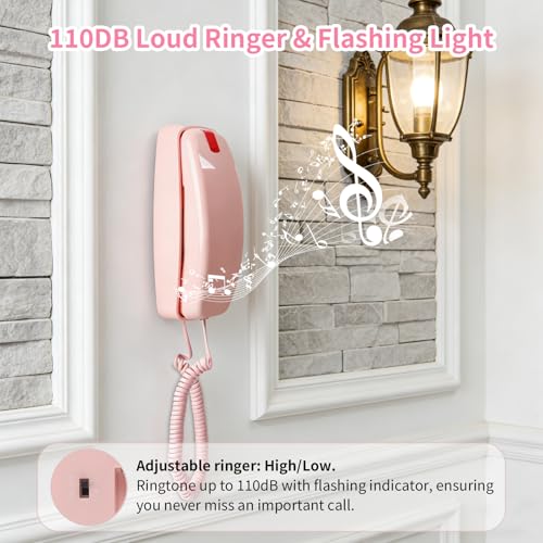Sacumea Pink Landline Phone Inspired by 90s Vintage Princess Phone with 110DB+ Loud Ringer, Retro Wall Phone No Power Required, Pink Corded Telephone for Kids/Seniors, Cute Novelty Landline Phones for Home - Image 5