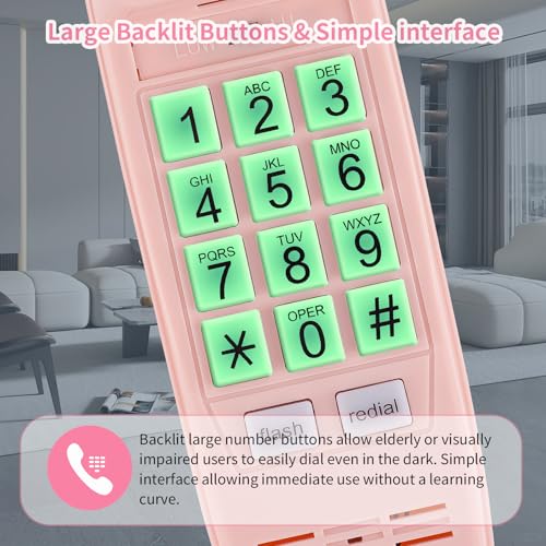Sacumea Pink Landline Phone Inspired by 90s Vintage Princess Phone with 110DB+ Loud Ringer, Retro Wall Phone No Power Required, Pink Corded Telephone for Kids/Seniors, Cute Novelty Landline Phones for Home - Image 2