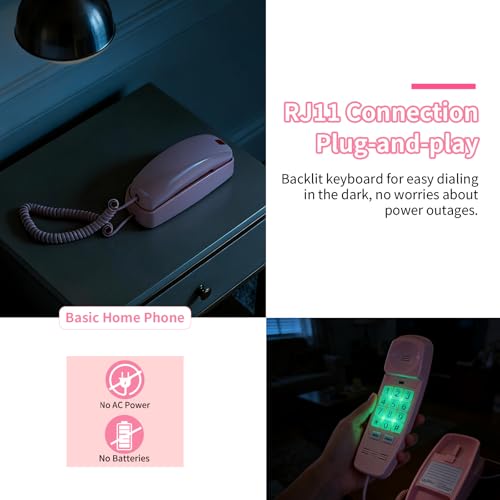Sacumea Pink Landline Phone Inspired by 90s Vintage Princess Phone with 110DB+ Loud Ringer, Retro Wall Phone No Power Required, Pink Corded Telephone for Kids/Seniors, Cute Novelty Landline Phones for Home - Image 4