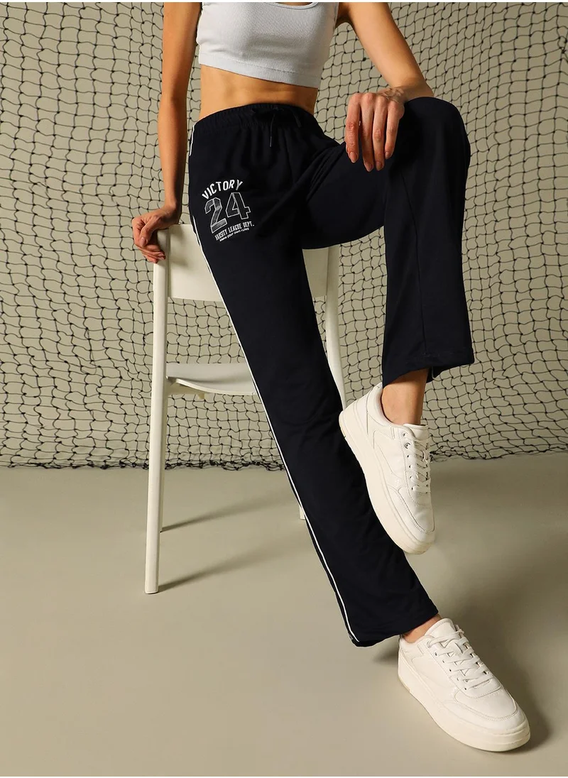 Hubberholme Women's Navy 100% Polyester Printed Full Length Casual Regular Fit Trouser