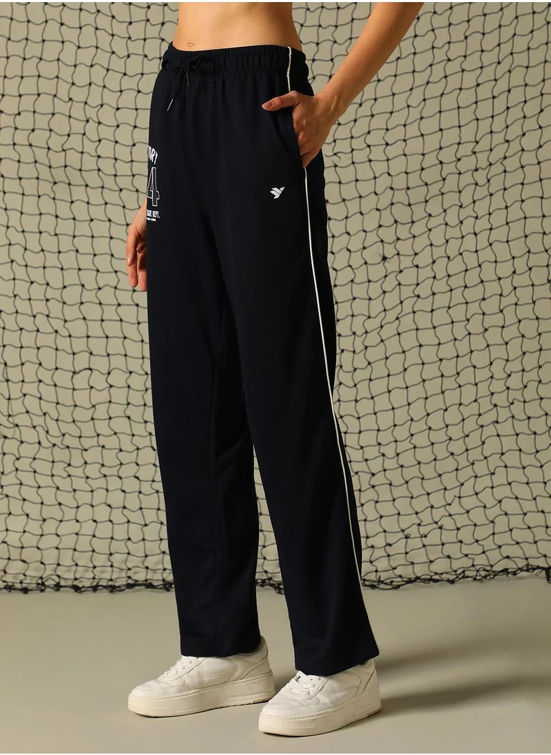 هوبرهولمي Women's Navy 100% Polyester Printed Full Length Casual Regular Fit Trouser