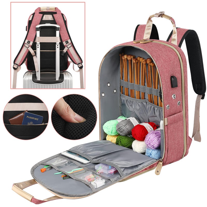 SINVICKO Crochet Bag, Knitting Bag Backpack and Totes Organizer with USB Charging Port, Large Yarn Storage Tote Bag Yarn Holder Case for Carrying Projects, Knitting Needles, Crochet Hooks,fits 15.6 inch Laptop - Image 4