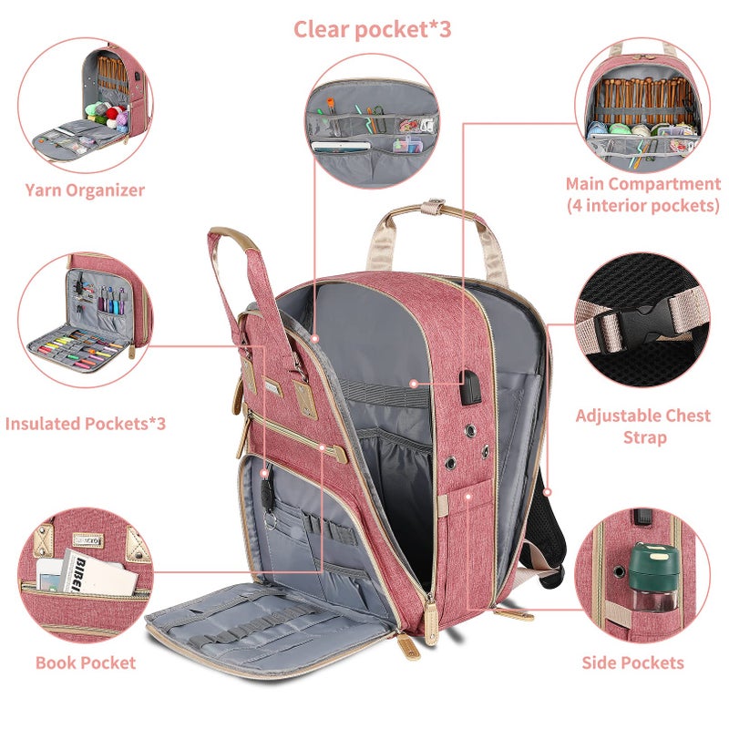 SINVICKO Crochet Bag, Knitting Bag Backpack and Totes Organizer with USB Charging Port, Large Yarn Storage Tote Bag Yarn Holder Case for Carrying Projects, Knitting Needles, Crochet Hooks,fits 15.6 inch Laptop - Image 3