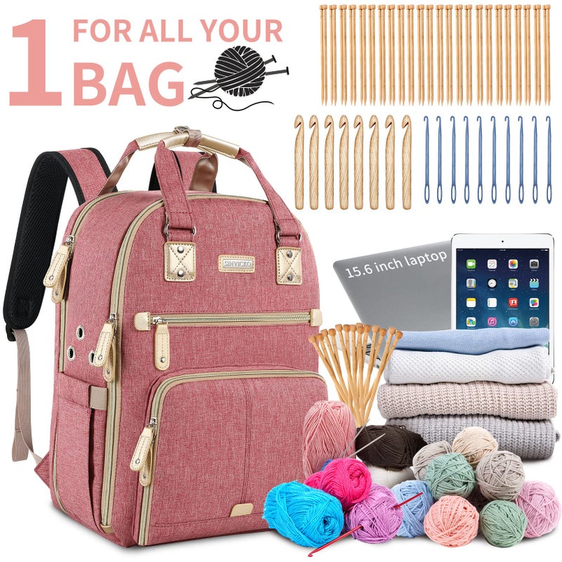 SINVICKO Crochet Bag, Knitting Bag Backpack and Totes Organizer with USB Charging Port, Large Yarn Storage Tote Bag Yarn Holder Case for Carrying Projects, Knitting Needles, Crochet Hooks,fits 15.6 inch Laptop - Image 2