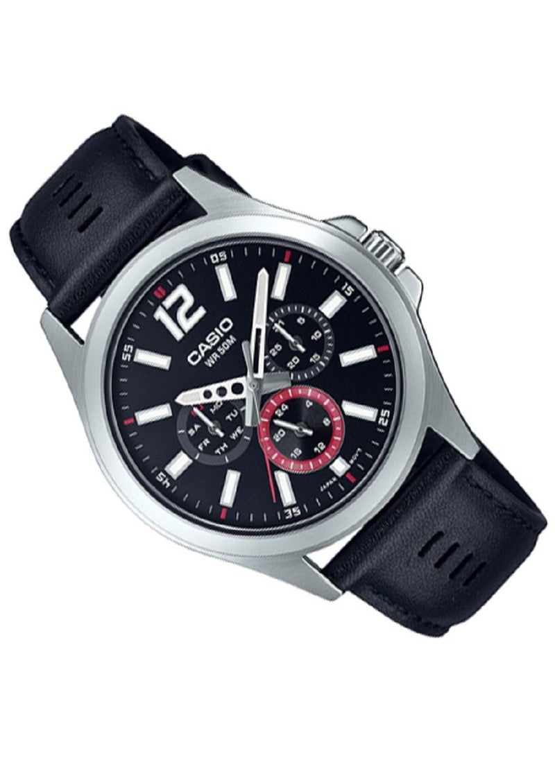 CASIO - Casio Men Watch Analog Multi Hand Black Dial Genuine Leather Band MTP-E350L-1BVDF - Image 1
