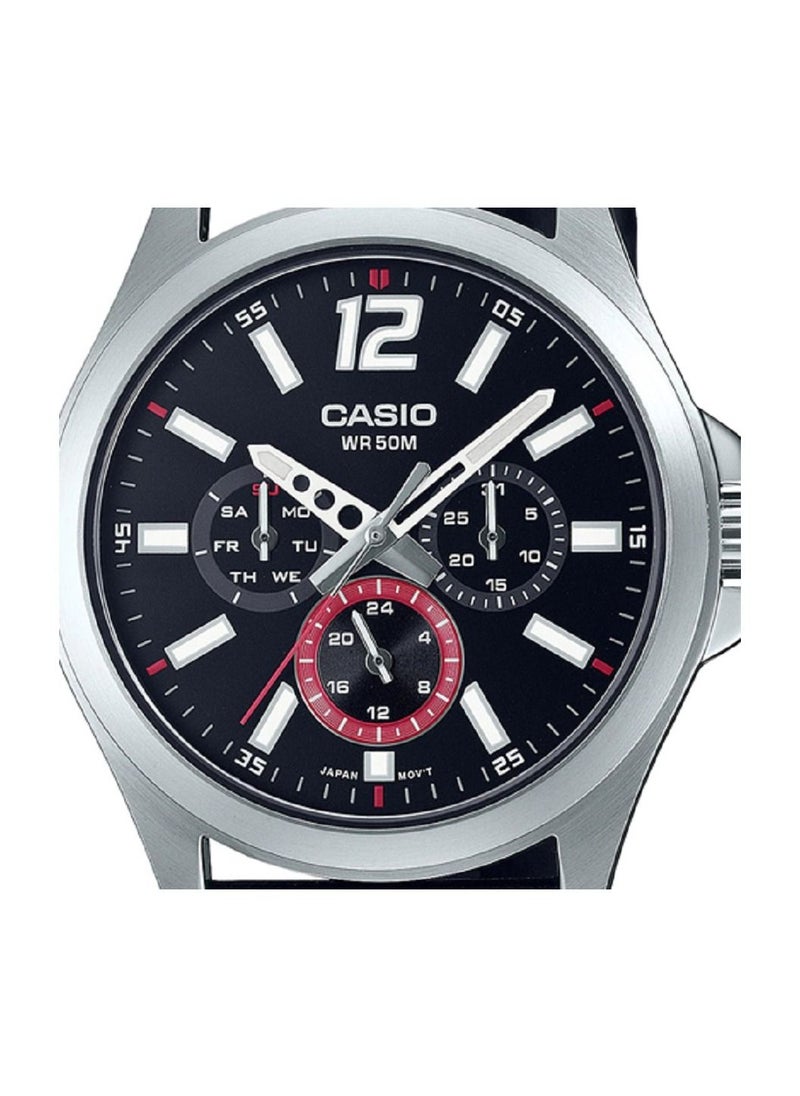 CASIO - Casio Men Watch Analog Multi Hand Black Dial Genuine Leather Band MTP-E350L-1BVDF - Image 1