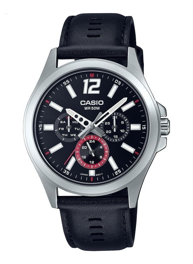 CASIO - Casio Men Watch Analog Multi Hand Black Dial Genuine Leather Band MTP-E350L-1BVDF - Image 1