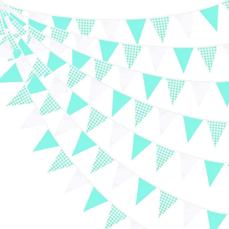 pinkblume 32Ft Aqua Green Plaid Checkered Party Banners Gingham Triangle Pennant Flag Bunting Fabric Garland Streamers For Wedding Birthday Picnic Bbq Bridal Baby Shower Outdoor Garden Festivals Decoration - Image 1