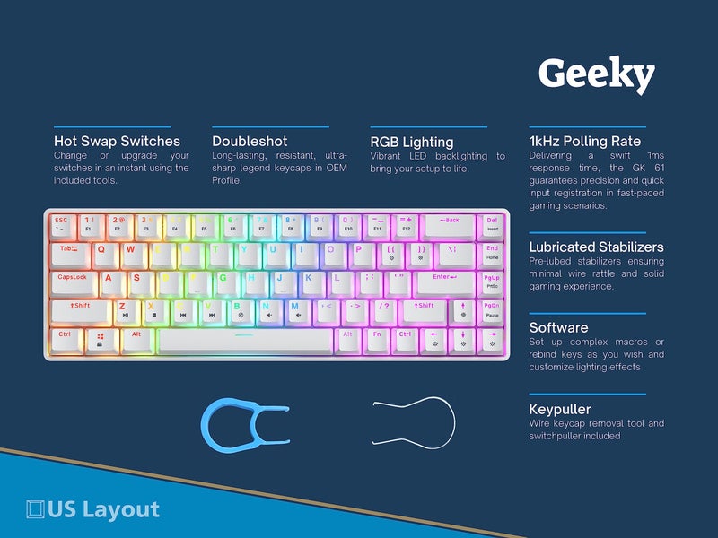 Geeky GK65 65% | Hot Swappable Mechanical Gaming Keyboard | 68 Keys Multi Color RGB LED Backlit for PC/Mac Gamer | ANSI US American Layout (White, Mechanical Brown) - Image 2